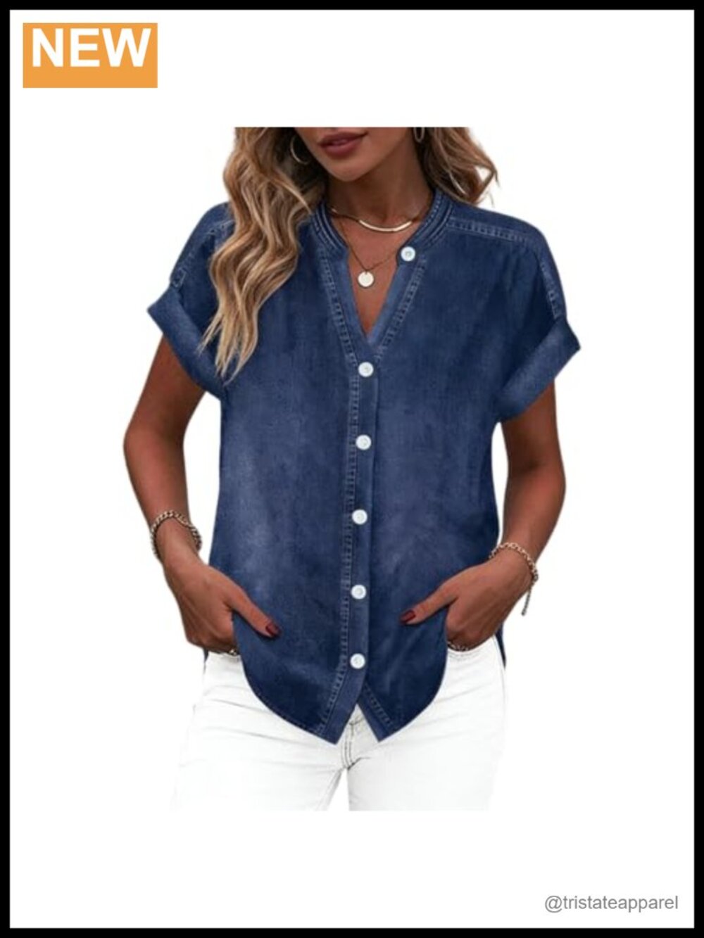 Women's Denim Button Down V-Neck Short Sleeve Blouse Loose Fit Casual